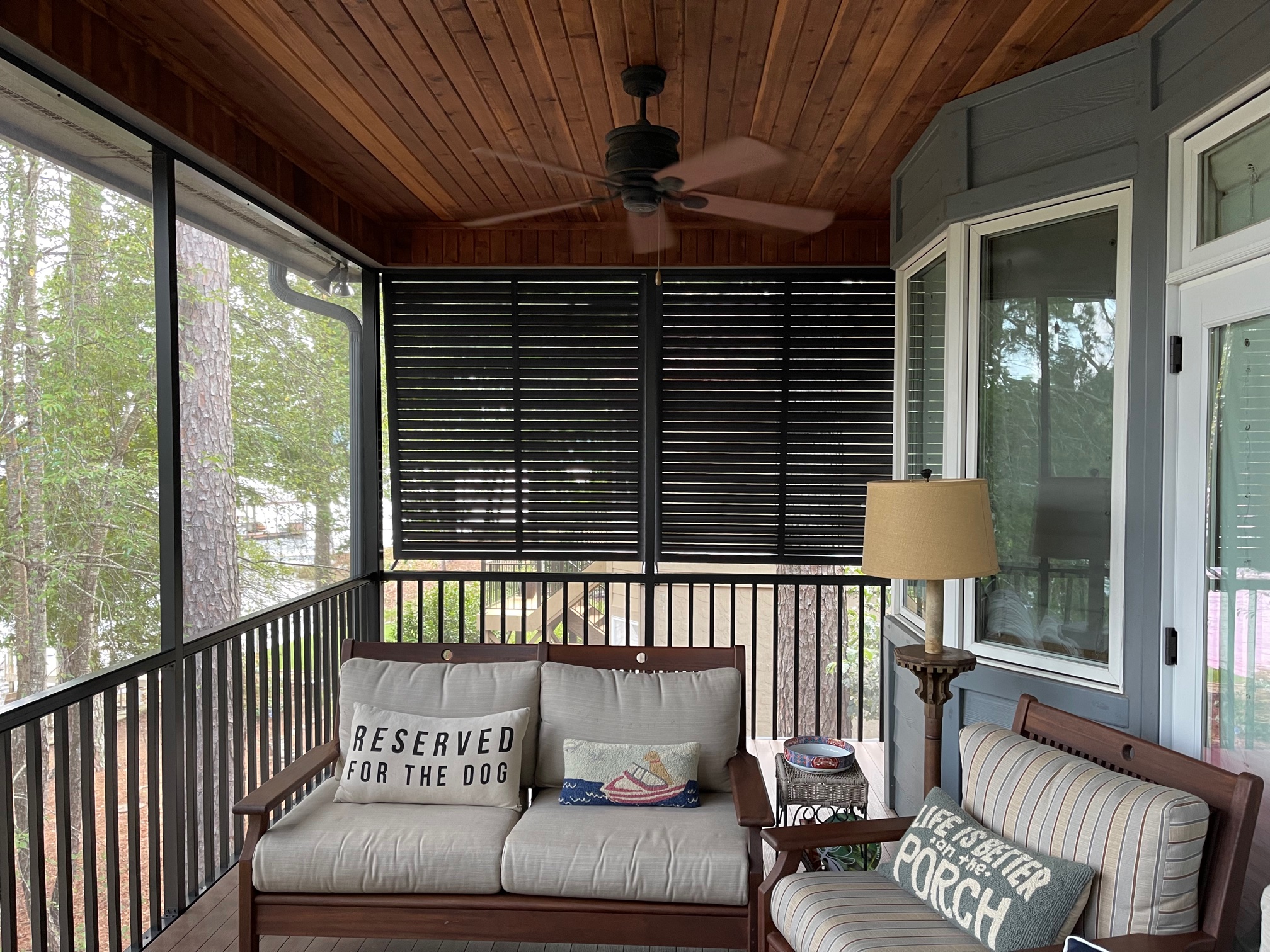 Bahama privacy porch shutters installed by Palmetto Outdoor Spaces