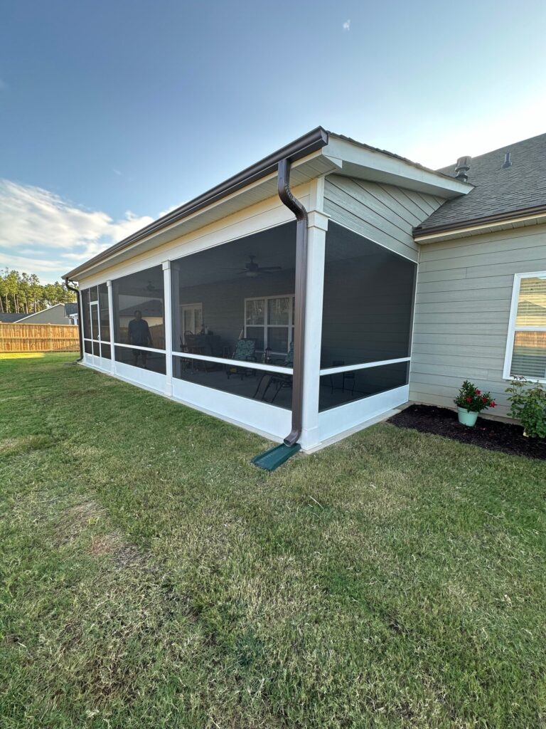 Patio Aluminum Screen Framing Kickplate Coil and Chairrail installed by Palmetto Outdoor Spaces